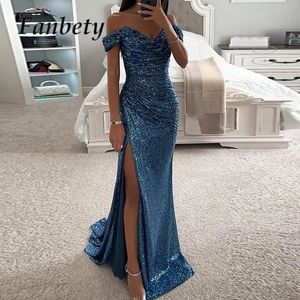 Femmes Elegant High Slit Cocktails Robe Lady Party Banquet Slim Sequin Maxi Robe Sexy Slash Neck Glitter-Longhant Robe 240418