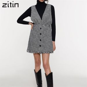 Vrouwen Elegante Houndstooth Tweed Mini Dress Fashion Mode Herfst winter V Nek vrouw een lijn casual mode chique jurken vestidos 210302