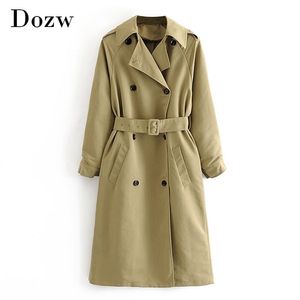 Vrouwen Elegante Khaki Lange Trench Coat met Riem Batwing Mouw Kantoor Dames Werklijtage Jas Uitloper Windbescherm Roupas 210515