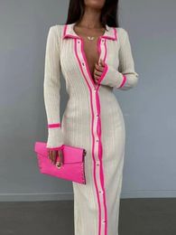 Vrouwen elegante gebreide trui lange jurk casual mode effen kleur slank patchwork vest met lange mouwen maxi-jurk 231225