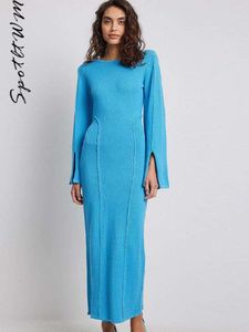 Robe tricotée élégante pour femmes, Slim, Sexy, col rond, manches longues, fendue, taille haute, mode automne, Streetwear