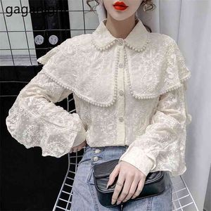 Mujeres elegantes blusas de encaje linterna manga larga tops blancos damas bordado camisas de cuentas casual primavera blusa S-XL 210601