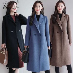 Vrouwen elegante lange wol jas blauw klassieke Koreaanse wollen overjas warmteheid uitloper herfst winter enkele knop mode vrouwen 210930