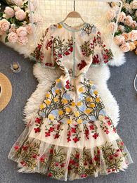 Vestido de sirena Multicolor con flores bordadas y encaje de malla elegante para mujer, Vestidos de verano Harajuku con volantes y manga corta de mariposa 240113