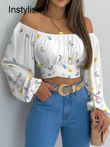 Blusa elegante con estampado de hombros descubiertos para mujer, camisa ajustada sexy con lazo y espalda descubierta, Top corto elegante informal de manga larga, Túnica informal 240226