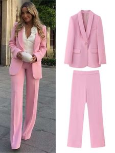 Vrouwen elegante roze zakdelige set mode enkele rij knopen met lange mouwen jas taille broek past chique high street outfits