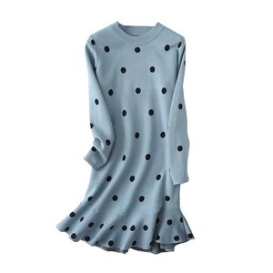 Vestido de suéter de punto de lunares elegante para mujer, vestido suelto informal de otoño e invierno, Vestidos de manga larga con cuello redondo y volantes, Vestidos 210320