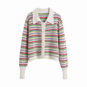 Femmes élégantes arc-en-ciel rayé imprimé évider pull décontracté crochet tricoté cardigan manteau femme chic simple boutonnage jacquard 210521