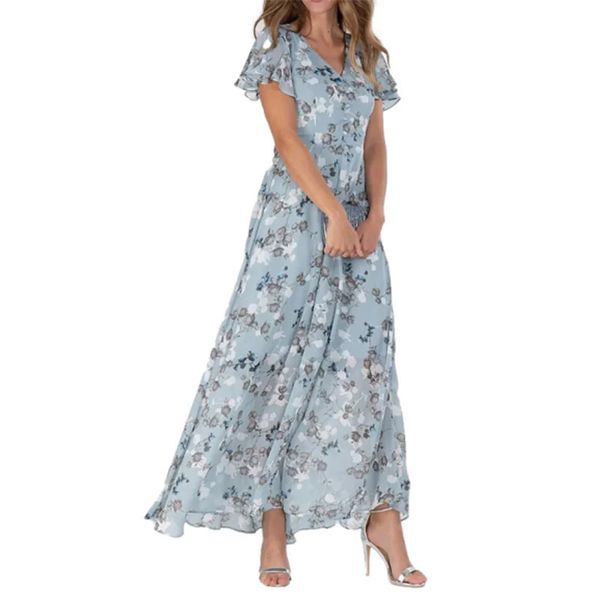 Femmes élégantes à volants à manches courtes col en V robes pull Style doux petite fleur imprimé taille haute robe femme robe décontractée 240305