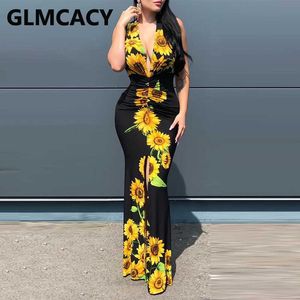 Femmes élégantes sans manches Maxi robe Floral imprimé col en V chic haute fente robe soirée longue robe 210702