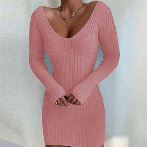 Vrouwen Elegante Solid Bodycon Pullover Jurk 2022 Spring Sexy Deep V-hals Rib Gebreide Jurk Herfst Lange Mouw Kantoorfeestjurk Y1204