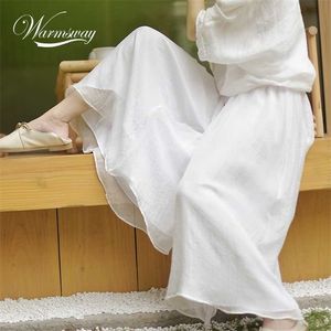 Femmes élégant solide coton pantalon coréen été rétro taille haute deux couches large jambe pantalon Long Boho pantalon femme C- 071 211115