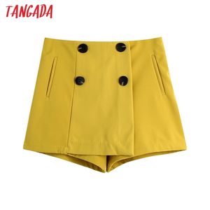 Femmes Élégant Solide Jaune Jupe Double Boutonnage Poches OL Shorts Pantalones BE527 210416