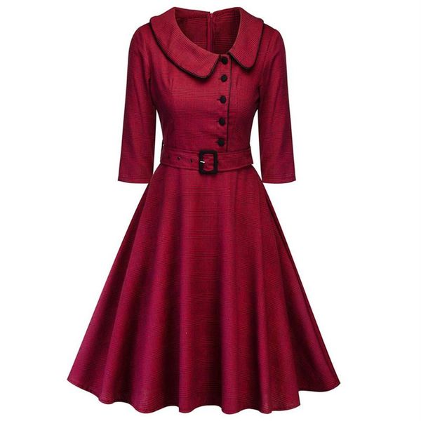 Vestido elegante de primavera para mujer, vestido de fiesta rojo vino, Vestidos femeninos Audrey 1960s Swing Rockabilly RobeButton, cinturones, vestido Formal 160E