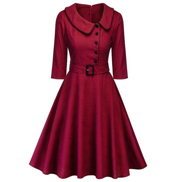 Vestido elegante de primavera para mujer, vestido de fiesta rojo vino, Vestidos femeninos Audrey 1960s Swing Rockabilly RobeButton, cinturones, vestido Formal 250I