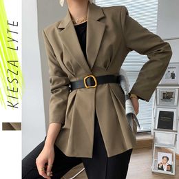 Vrouwen elegante pak jas lange mouwen slanke gordel blazer massief khaki vrouwelijke chique lady office uitloper jas 210608