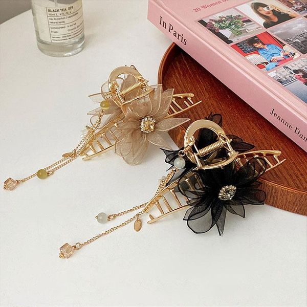 Femmes élégant pompon fleur pendentif métal cheveux doux décorer dos tête Clips accessoires de mode