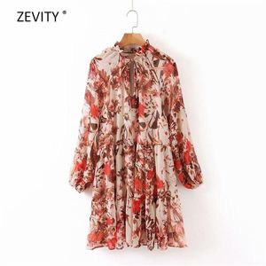 Vrouwen elegante tropische bloem afdrukken zoom ruches casual mini jurk dame lange mouw chiffon vestidos chic jurken DS3296 210420