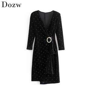 Vrouwen elegante v-hals dot jurk diamanten zwart kleur mode mini es driekwart mouw party lady vestido de festa 210515