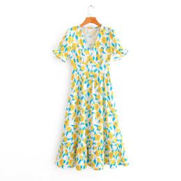 Vrouwen Elegante V-hals Bloemenprint Casual Midi Jurk Franse Land Stijl Zij Zipper Vestidos Korte Mouw Jurken DS3601 210603