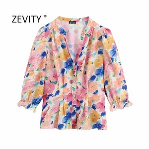 Dames Elegante V-hals Bloem Print Plooien Smock Blouse Office Dames Puff Sleeve Pearl Buttons Shirts Chique Blusas Tops LS6970 210420