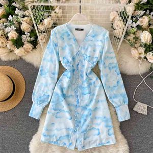 Mujeres elegante cuello pico manga larga estampado Casual Mini vestido primavera otoño botones delanteros una línea Vintage fiesta Vestidos 210603