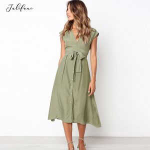 Dames Elegante V-hals Mouwloze Lace Up Bow Solid Midi Jurk Zomer Sundress A Line Holle Empire Mode Vrouwelijke Jurken 210415