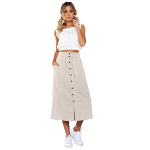 Femmes élégant Vintage taille haute bouton avant longue ample décontracté bas fête Midi jupe avec poches