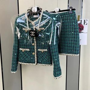 Vrouwen elegante vintage tweed geurige pak jacke jas top en rok tweedelig set groene outfit winter jacquard feestkleding 231225