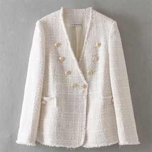 Vrouwen elegante witte jas dubbele borsten v nek knoppen jas kantoor dragen vrouwelijk casual outparden top blusas t200212