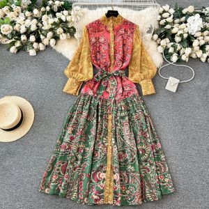 Casual Jurken 2024 Lente Boheemse Retro Etnische Stijl Losse Gewaad Jurk Dames Stand Lantaarn Mouw Bloemenprint Riem Chiffon Maxi vestidos