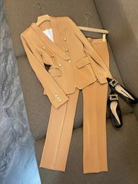 Feminino elegante trabalho blazer terno notável duplo breasted jaqueta casaco superior e calça conjunto de duas peças combinando roupa senhora do escritório 240103