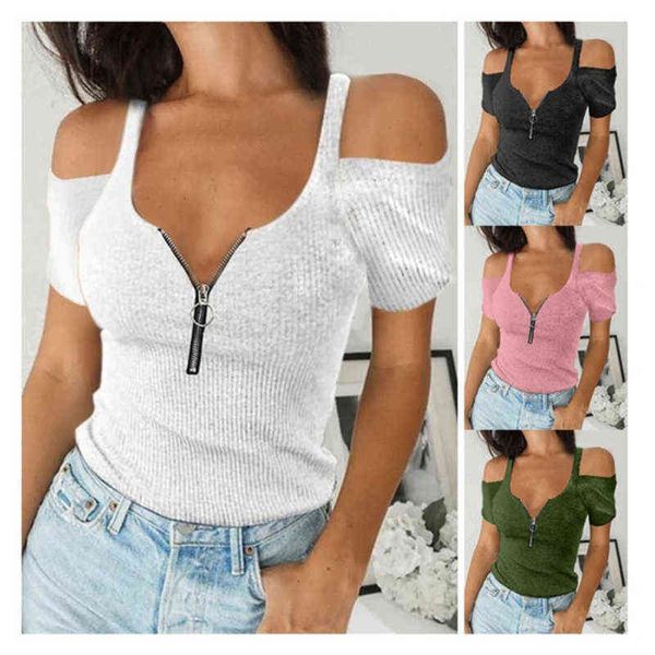 Femmes élégant Zip col en V à manches courtes hauts minces Sexy dame solide t-shirt Streetwear décontracté chemise Blusa livraison directe G220228