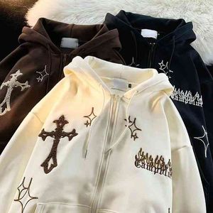 Dames borduurwerk hoodies 2022 herfst gothic retro hiphop lange mouw zip sweatshirt casual losse capuchon jas y2k kleding