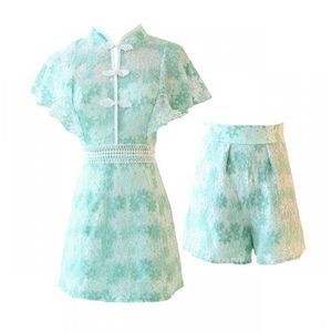 Dames Borduurwerk Kant Groen Wit Mandarijn Kraag Flare Sleeve Shorts Twee Stuks Set T0428 210514