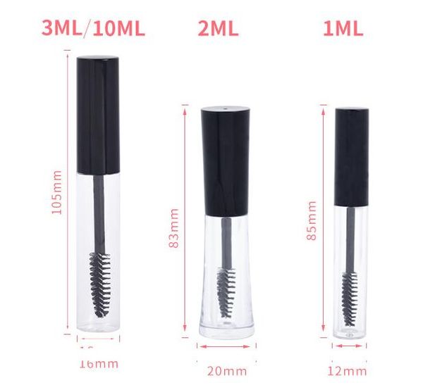 Tube de Mascara vide pour femmes, 1ml, 2ml, 3ml, crème pour cils, flacon/bouteille de liquide/récipient, bouchon noir, vente en gros