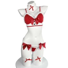 Vrouwen Erotische Kerstmis Lingerie Red Bow Deep V Bra Thong Set Leuke Cosplay Kostuums Sexy Party Nachtkleding Gift voor Lover Y0913