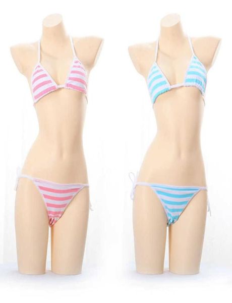 Mujeres Disfraces Eróticos Conjunto de Ropa Interior Lencería Sexy Lolita Kawaii Algodón Rayas Mini Bikini Adulto Cosplay Sujetador Babydolls Gstring Q06841011