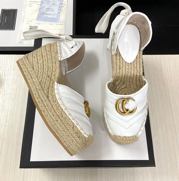 Femmes Espadrille Avec Ruban Sandales Cravate Espadrille Femme Sandale Cuir Matelasse Plate-Forme Designer Classiques Diapositives Épais Diapositive D'été Chaussure Compensée