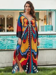 Femmes ethniques Imprimerie Kaftan Back Robe Bathing Fissure plus taille de maillot de bain Taille Up Beachwear 240518