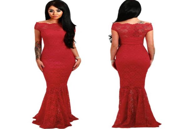 Vestido de fiesta de la noche para mujeres Sexy Vestidos de encaje rojo Dama fuera de los hombros Crochet Long Mermaid Dress Rata de Soiree Fishtail Maxi VES1446251