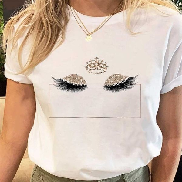 Mujeres Eye Lashes Style Lovely Sweet Print Tees Camiseta Dibujos animados Ropa femenina Tops Imprimir Ladies Fashion Graphic T Shirt 220527