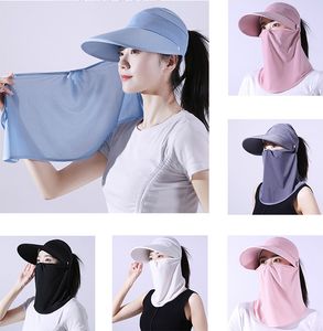 Vrouwen Face Flap Visor Hat Zomer wijd rand Zonnen hoed met gezichtsmasker Outdoor Sunshade Ademen Beach Ladies Cap Visor Sunhat Vrouw 7 kleuren