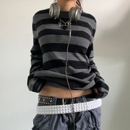 Femmes fée Grunge tricot chemise de base automne Y2K gris noir rayé à manches longues col rond hauts Emo Tee 230301