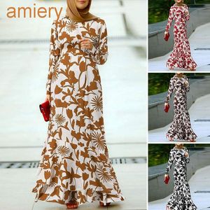 Femmes automne vêtements Robe musulmane bohème imprimé fleuri longue Maxi Robe à volants ourlet Robe femme Robe