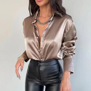 Femmes automne printemps chemise soyeux Satin simple boutonnage revers à manches longues en vrac doux formel élégant Style dame Commute Blouse 240321