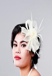 Chapeau fascinateur en plumes fantaisie pour femmes, chapeaux et fascinateurs de mariage beiges, accessoires pour cheveux en filet blanc pour femme de mariée MD3626504