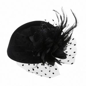 FaMinator Hat Hat 20S 50s Vintage Couleur solide Pildbox Fr Feather Mesh Veil Wedding Tea Party Headwear D5OQ #