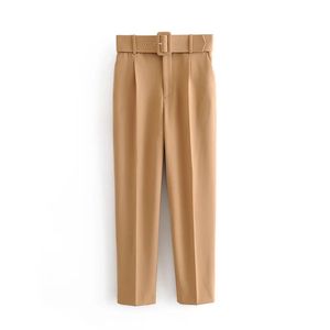 Femmes Mode 5 couleurs Long ZA Pantalon droit Automne Femme Kaki Taille haute avec ceinture Casual Pantalon en coton solide 201113