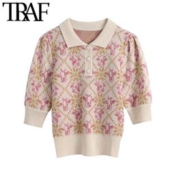 Femmes Mode Animal Jacquard Pull Tricoté Vintage Revers Col À Manches Courtes Femme Pulls Chic Tops 210507